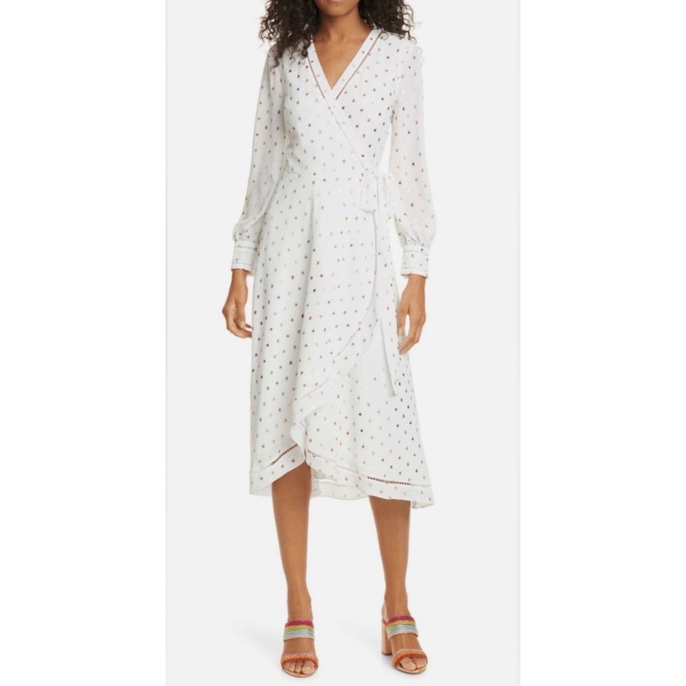 Ted Baker Tansie Midi Wrap Dress Womens 2 White Metallic Dot Long Sleeve Modern